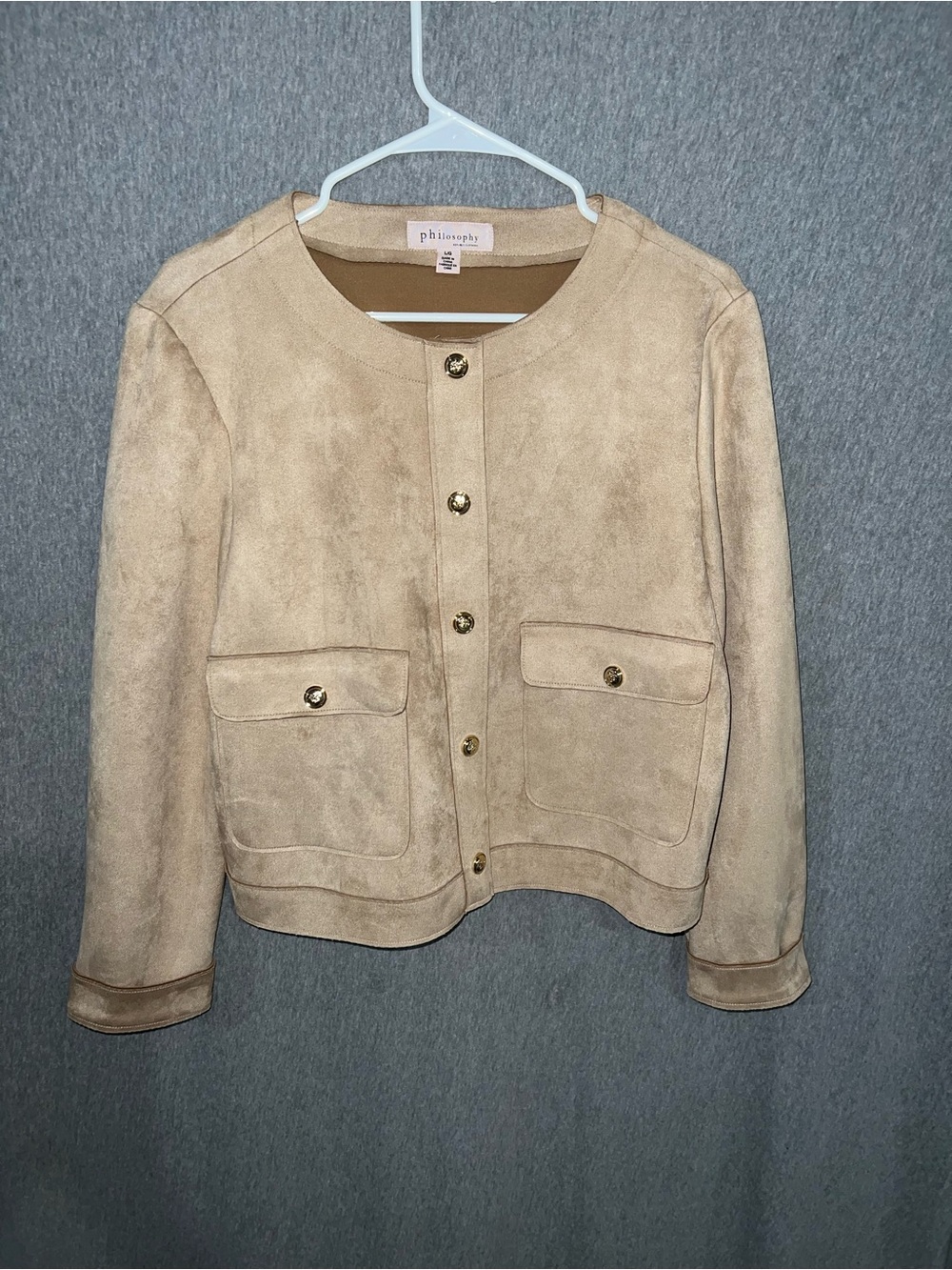 Philosophy Taupe Suede Round-Neck Button Jacket
